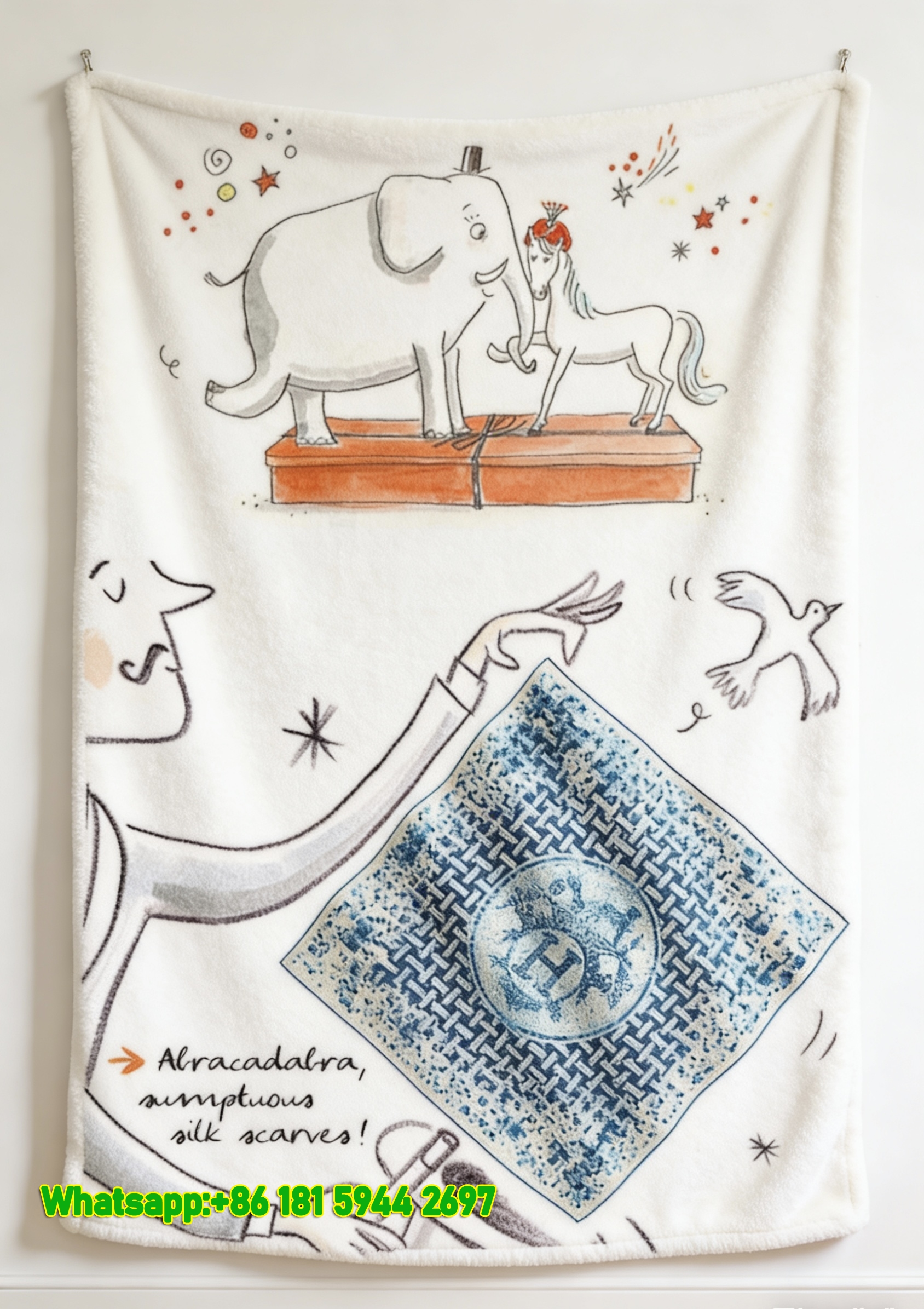 Hermes Whimsical Elephant & Horse Illustration Flannel Wall Hanging Blanket throw blanket IMG_5447